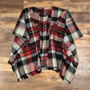 Women's Plaid Poncho Shawl Fringe One Size Layering Lagenlook Red Black Taupe